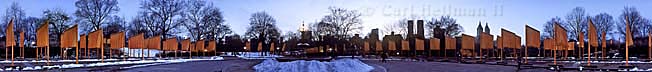 Outdoor photography panoramas - The Gates, Central Park, New York City, 1979-2005, artists Christo and Jeanne-Claude - 360 degree panorama of the fountain in the CHerry Hill area copyright nature photographer Carl Heilman II of Brant Lake, NY