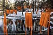 Looking East toward Harlem Meer at The Gates in Central Park, New York City, artists Christo and Jeanne-Claude, photo of 'The Gates, Central Park' copyright Carl Heilman II